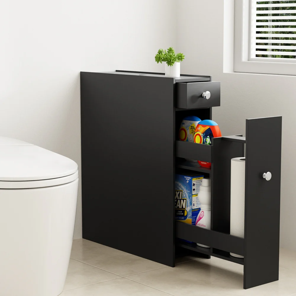 Artiss Bathroom Storage Cabinet Toilet Slim Tissue Box Caddy Holder Side Wooden Black - Image 7