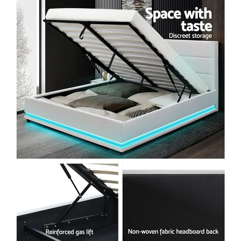 Artiss Bed Frame Double Size LED Gas Lift White LUMI - Image 6