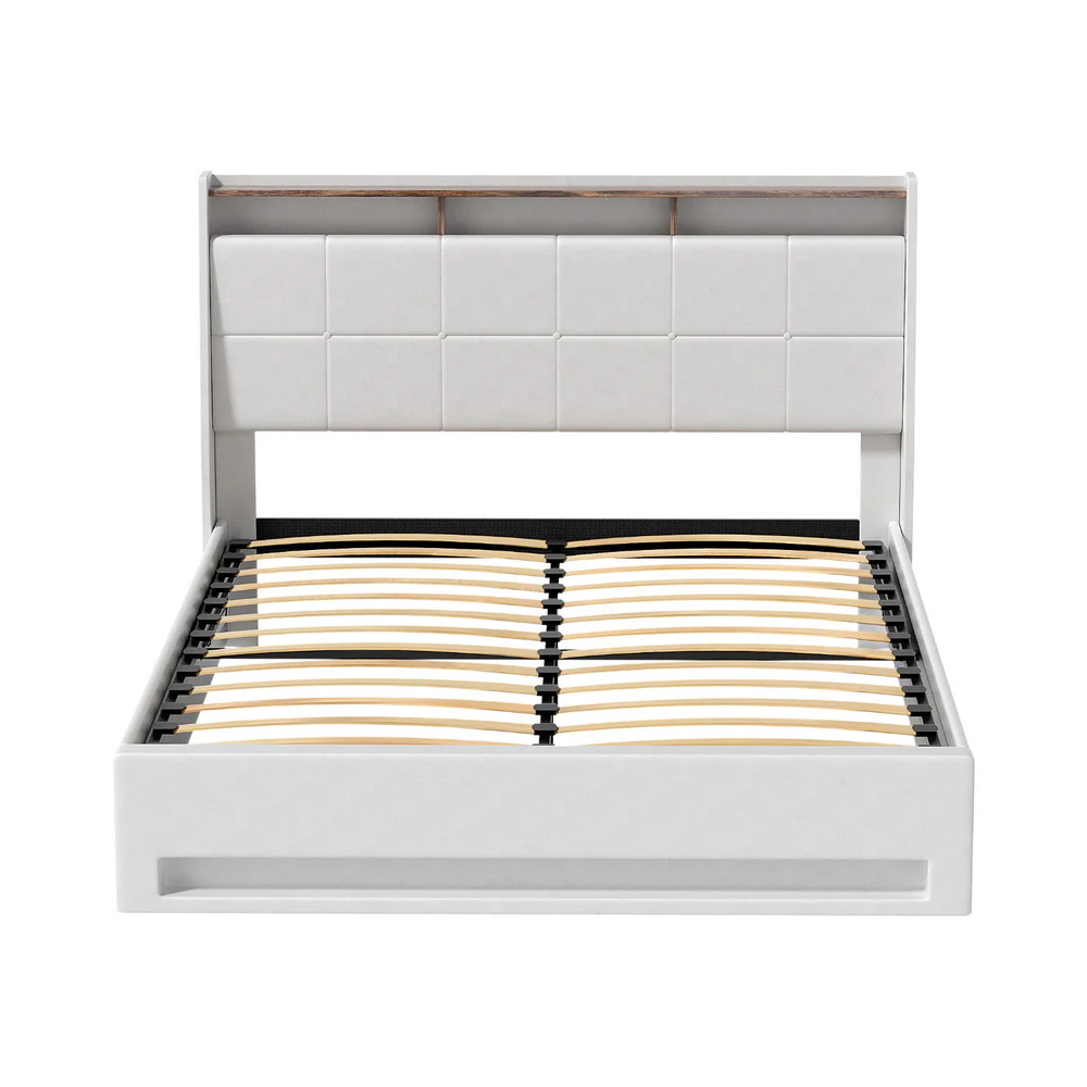 Artiss Bed Frame Gas Lift LED Beds Base Platform White PVC Leather Storage Headboard - Queen - Image 3