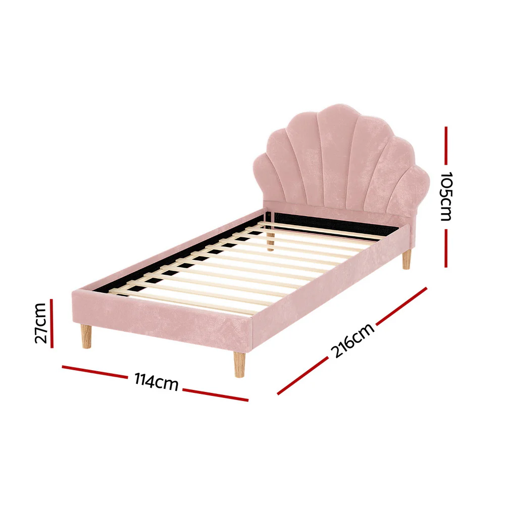 Artiss Bed Frame King Single Size Scallop-Shape Bedhead Beds Base Pink Velvet Fabric - Image 2