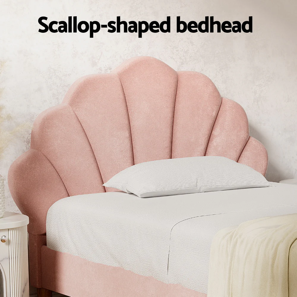 Artiss Bed Frame King Single Size Scallop-Shape Bedhead Beds Base Pink Velvet Fabric - Image 5