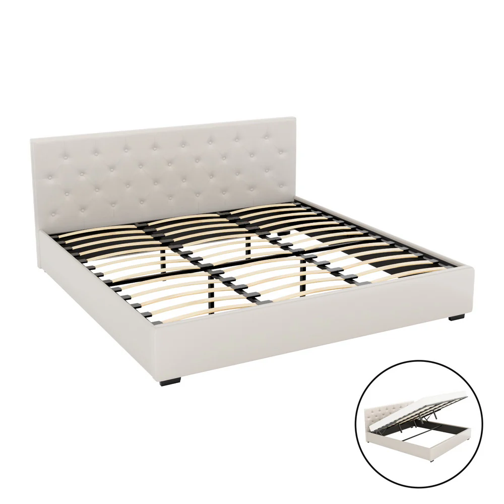Artiss Bed Frame King Size Gas Lift Beige VILA - Image 7