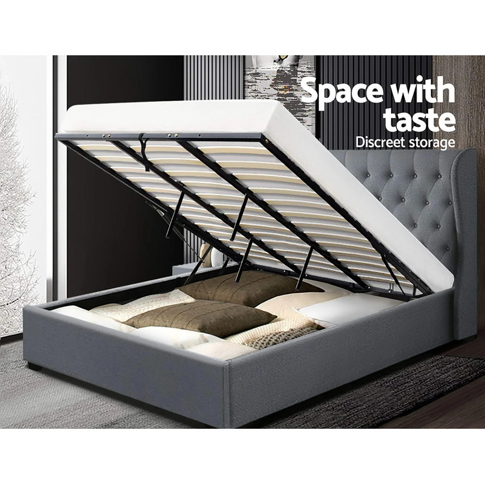 Artiss Bed Frame King Size Gas Lift Grey ISSA - Image 7