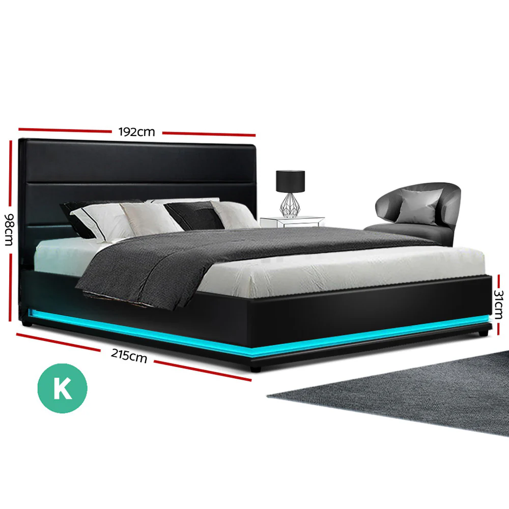 Artiss Bed Frame King Size LED Gas Lift Black LUMI - Image 2