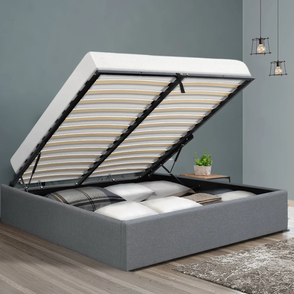 Artiss Bed Frame Queen Size Gas Lift Base Grey TOKI - Image 7