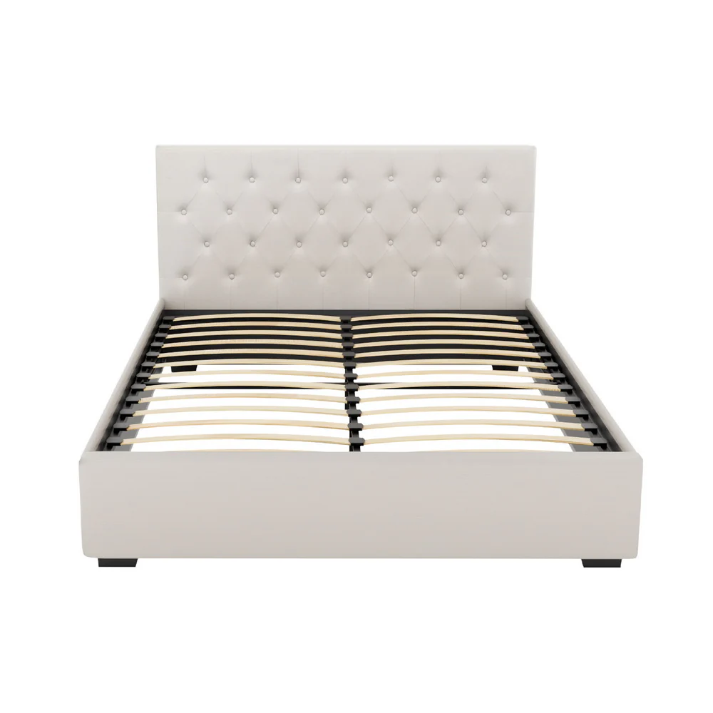 Artiss Bed Frame Queen Size Gas Lift Beige VILA - Image 3