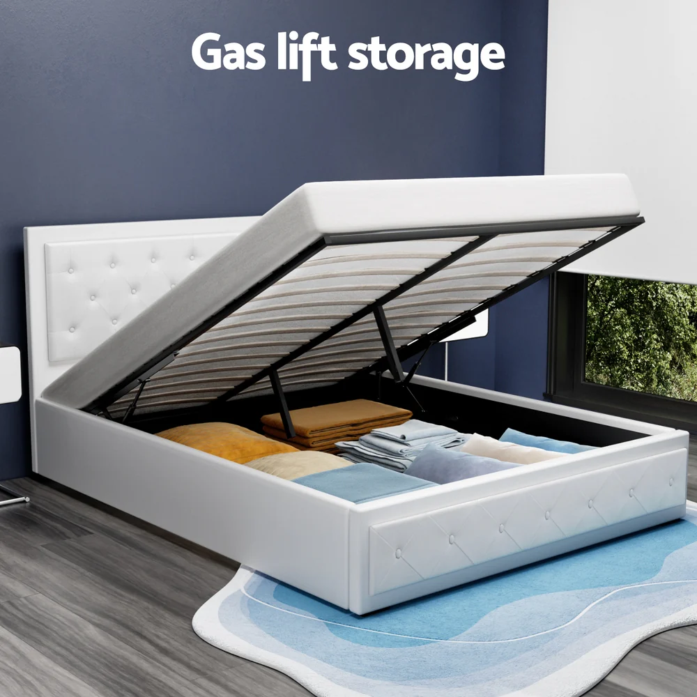 Artiss Bed Frame Queen Size Gas Lift White TIYO - Image 5