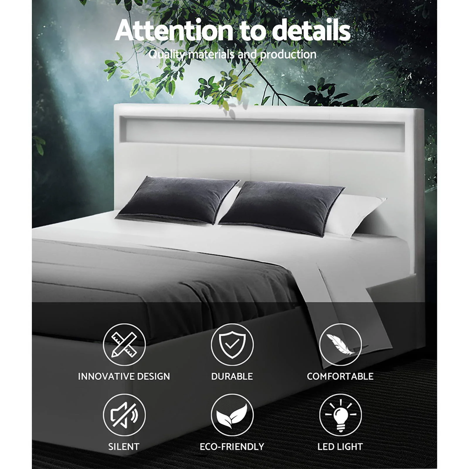 Artiss Bed Frame Queen Size LED Gas Lift White COLE - Image 4
