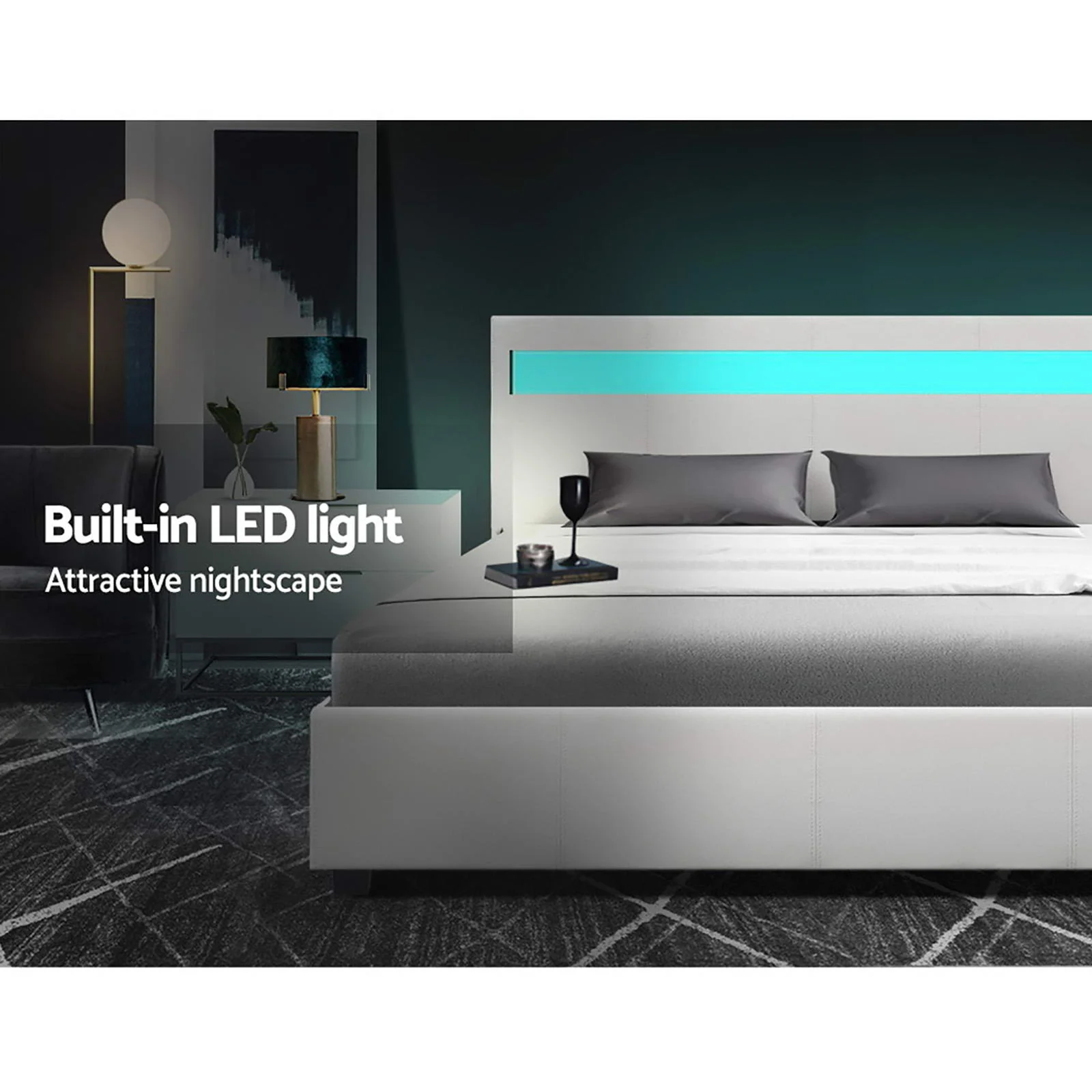 Artiss Bed Frame Queen Size LED Gas Lift White COLE - Image 5