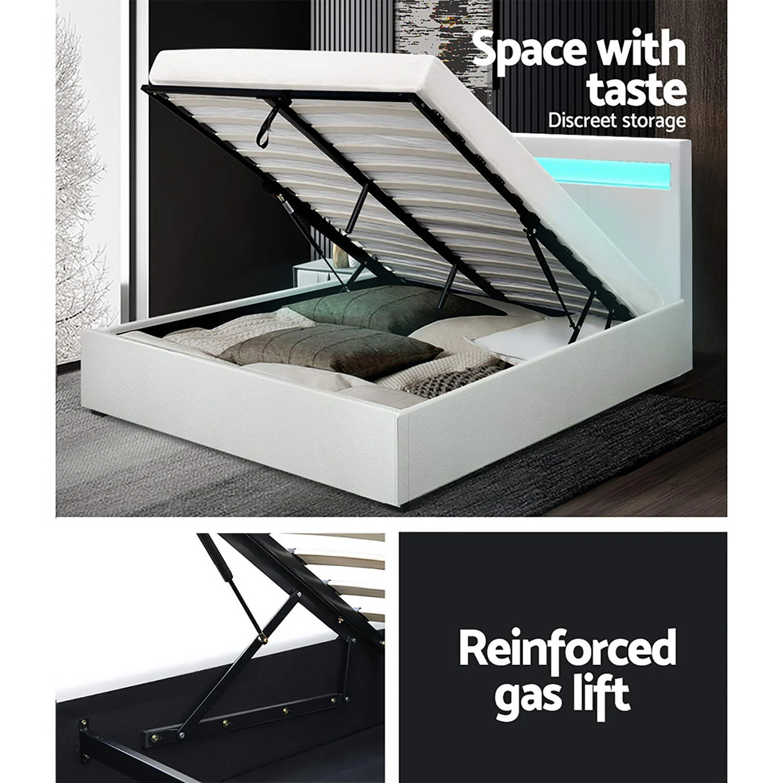 Artiss Bed Frame Queen Size LED Gas Lift White COLE - Image 7