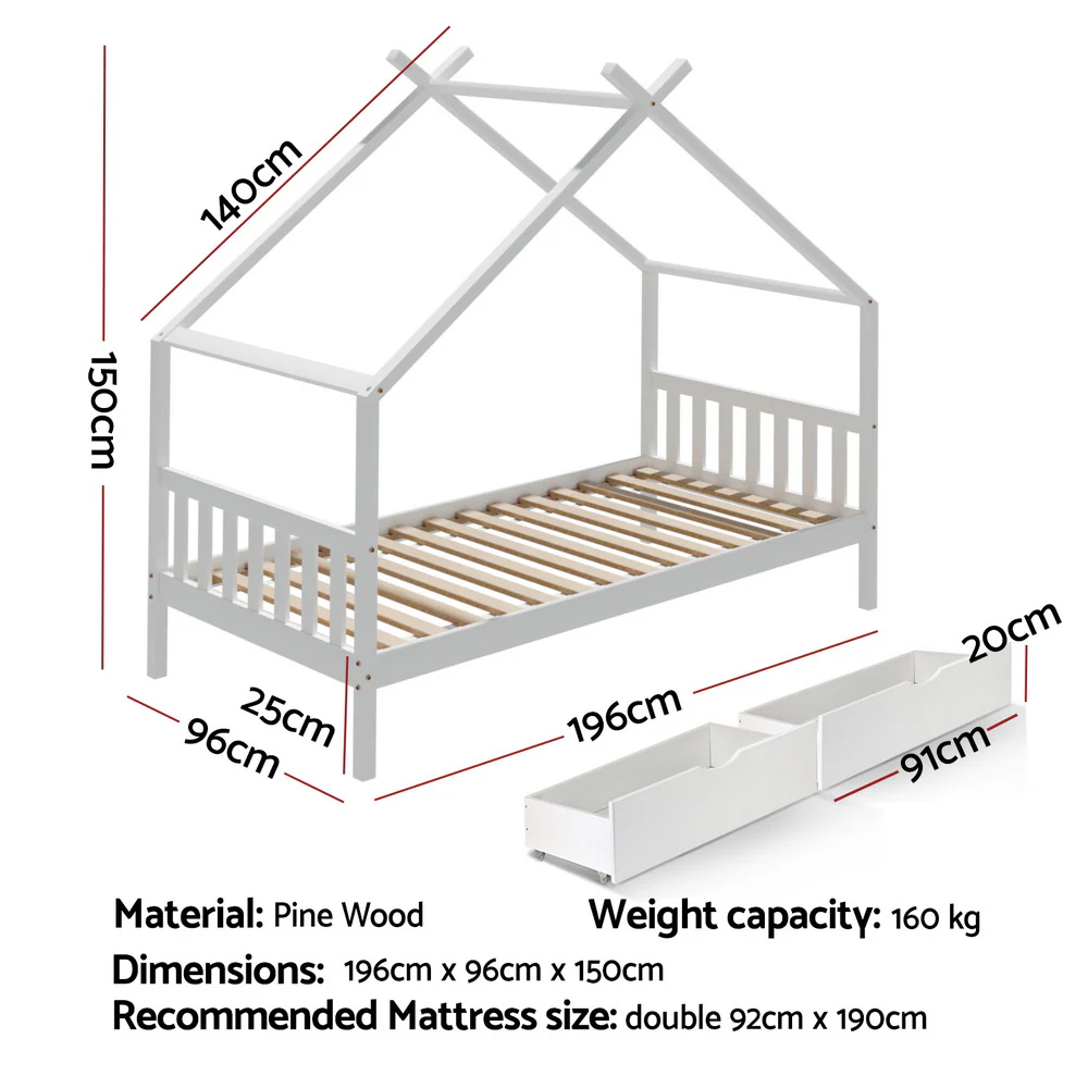 Artiss Bed Frame Wooden Base Kids Single Timber House with 2 Storage Drawers Beds White - Image 2