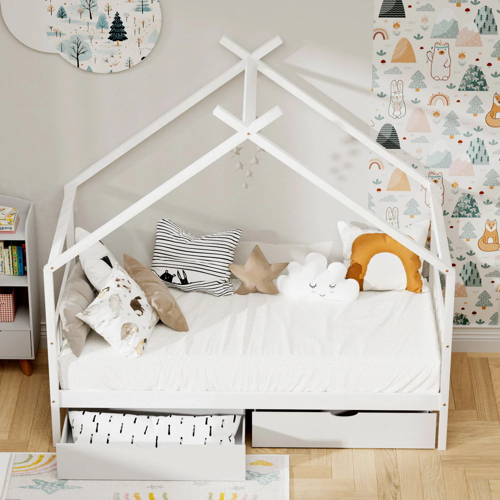Artiss Bed Frame Wooden Base Kids Single Timber House with 2 Storage Drawers Beds White - Image 5