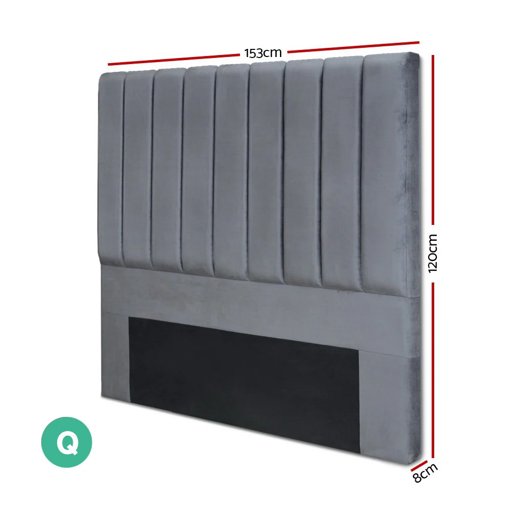 Artiss Bed Head Headboard Queen Velvet - VELA Grey - Image 2