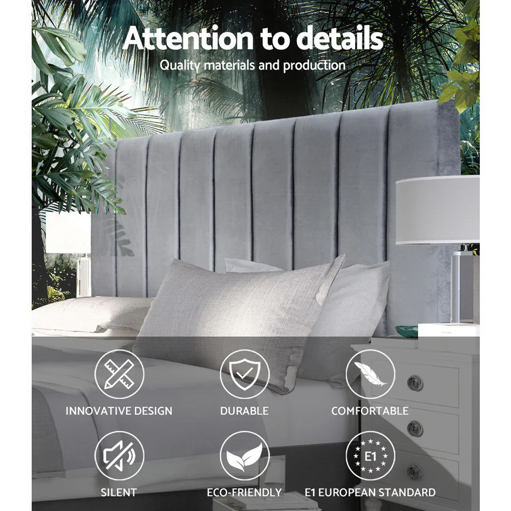 Artiss Bed Head Headboard Queen Velvet - VELA Grey - Image 3