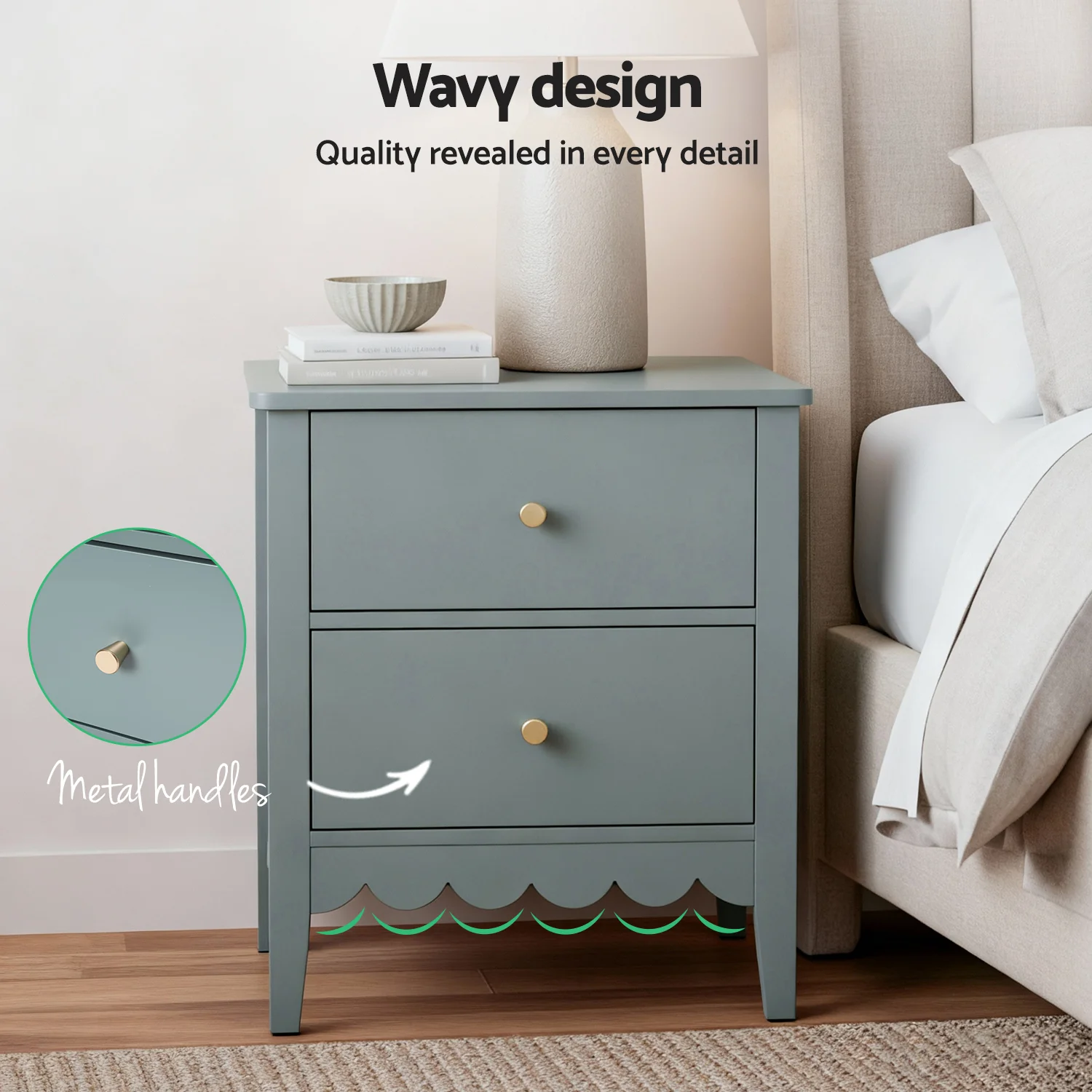 Artiss Bedside Table 2 Drawers Bedroom Storage Nightstand Green - Image 4