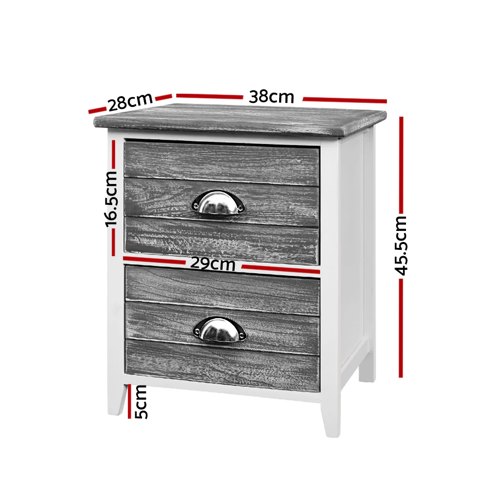 Artiss Bedside Table 2 Drawers Vintage X2 - THYME Grey - Image 2