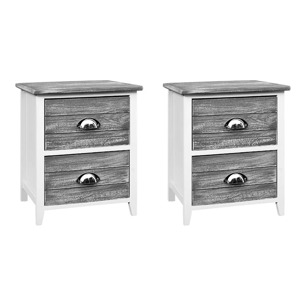 Artiss Bedside Table 2 Drawers Vintage X2 - THYME Grey - Image 8