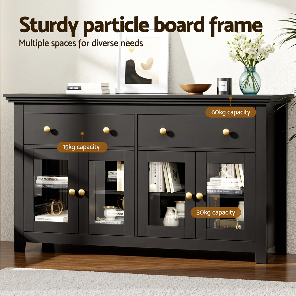 Artiss Buffet Sideboard Storage Cabinet Kitchen Cupboard Clear Door Drawer Black - Image 5