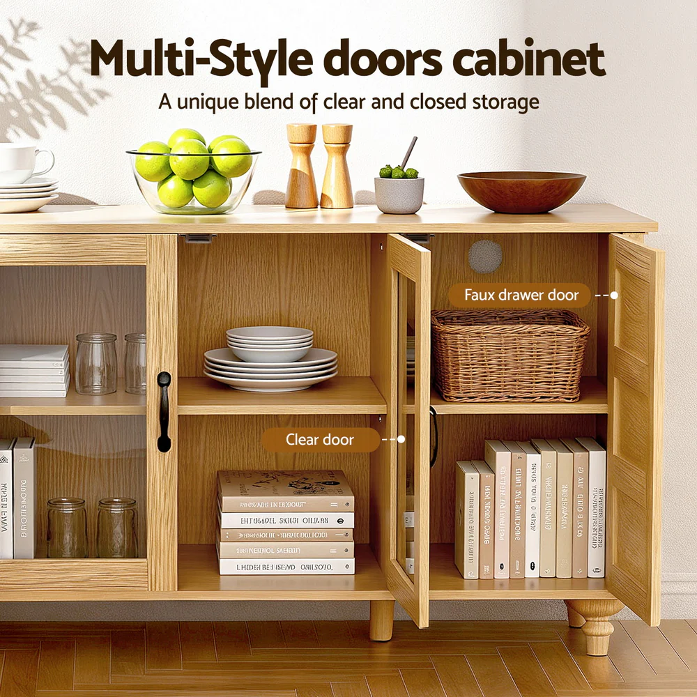 Artiss Buffet Sideboard Storage Cabinet Kitchen Cupboard Faux Drawer 150CM Pine - Image 6