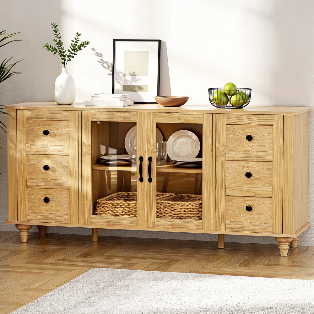 Artiss Buffet Sideboard Storage Cabinet Kitchen Cupboard Faux Drawer 150CM Pine - Image 8