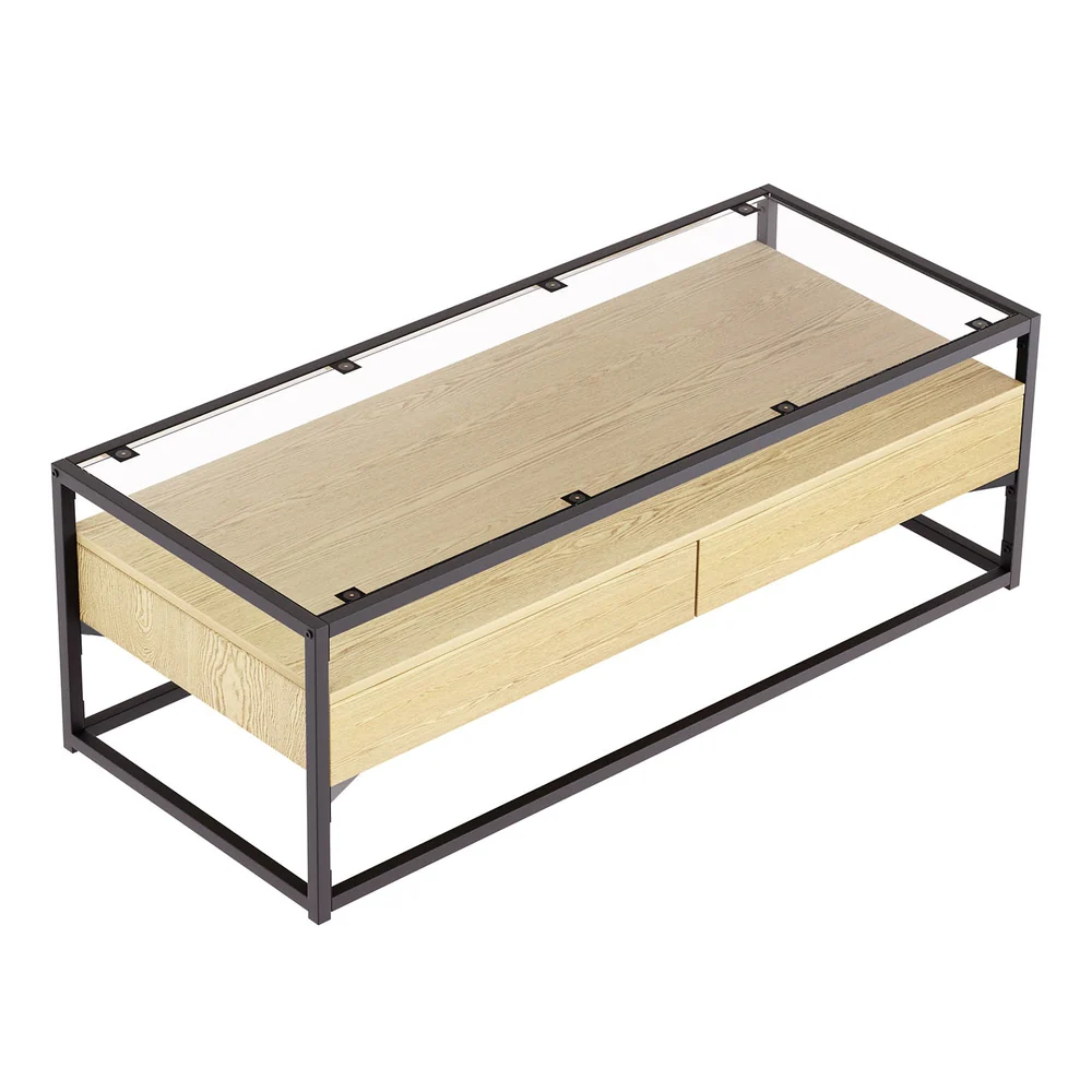 Artiss Coffee Table 2 Drawers Glass Tabletop Pine - Image 3