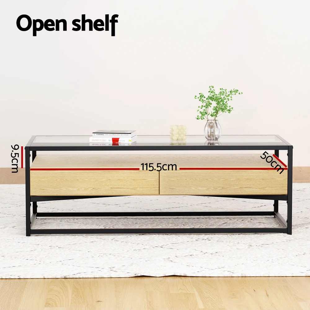 Artiss Coffee Table 2 Drawers Glass Tabletop Pine - Image 4