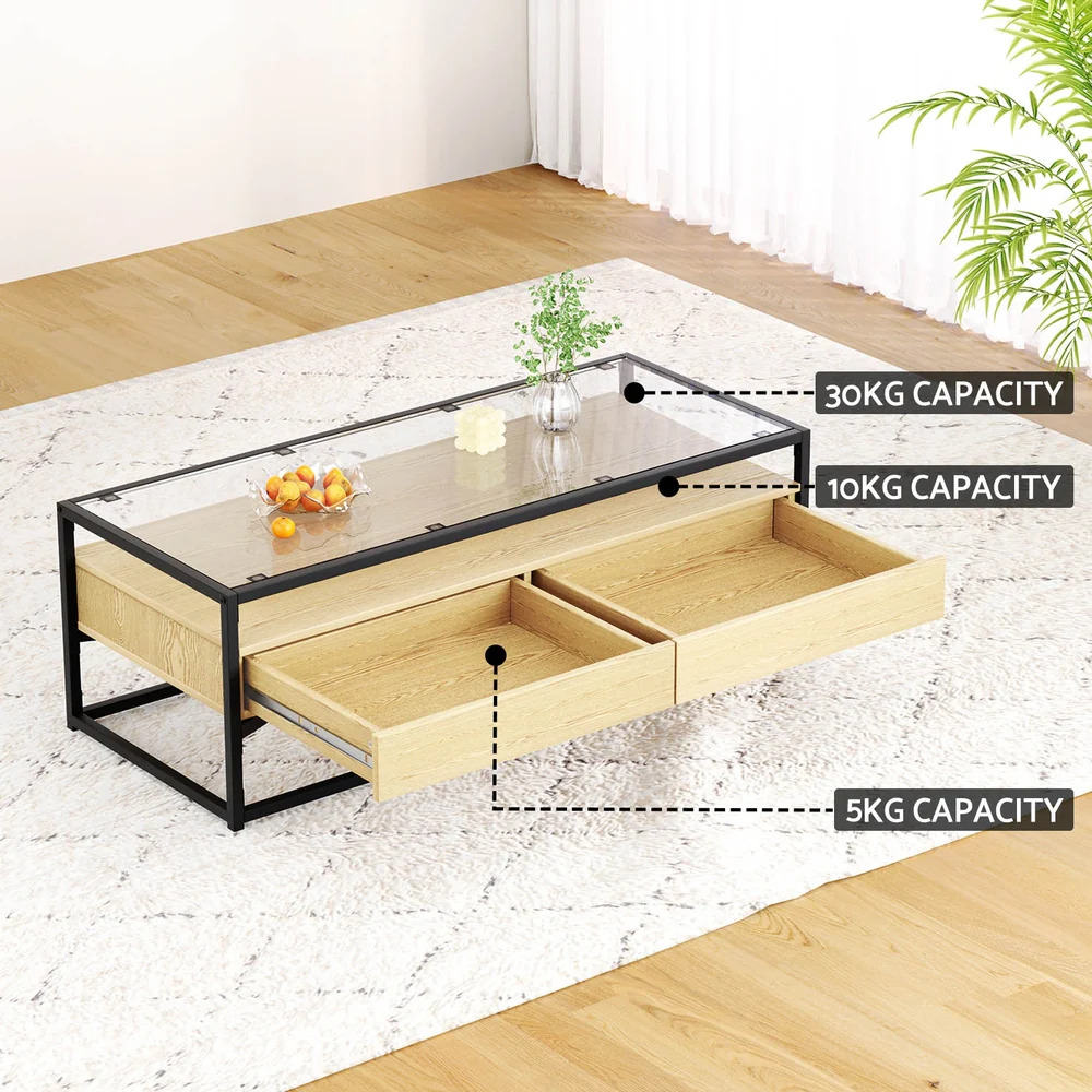 Artiss Coffee Table 2 Drawers Glass Tabletop Pine - Image 5