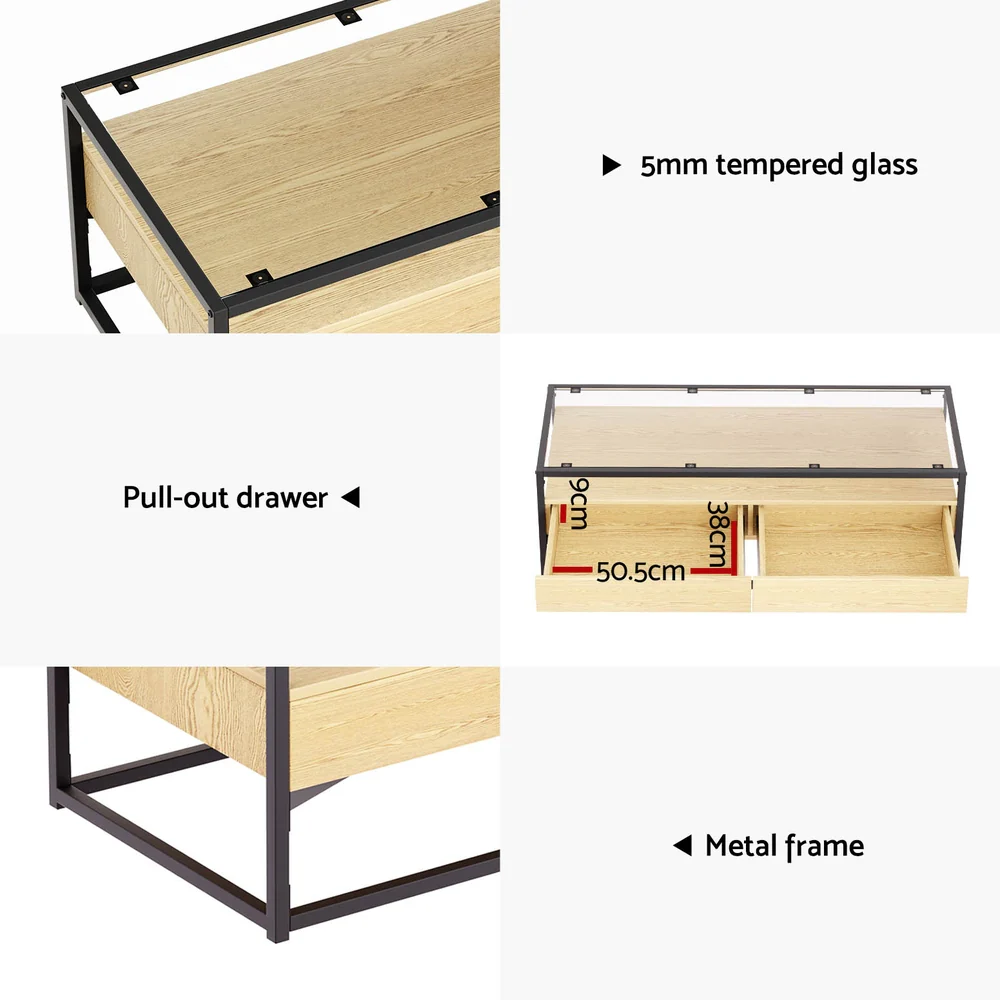 Artiss Coffee Table 2 Drawers Glass Tabletop Pine - Image 6