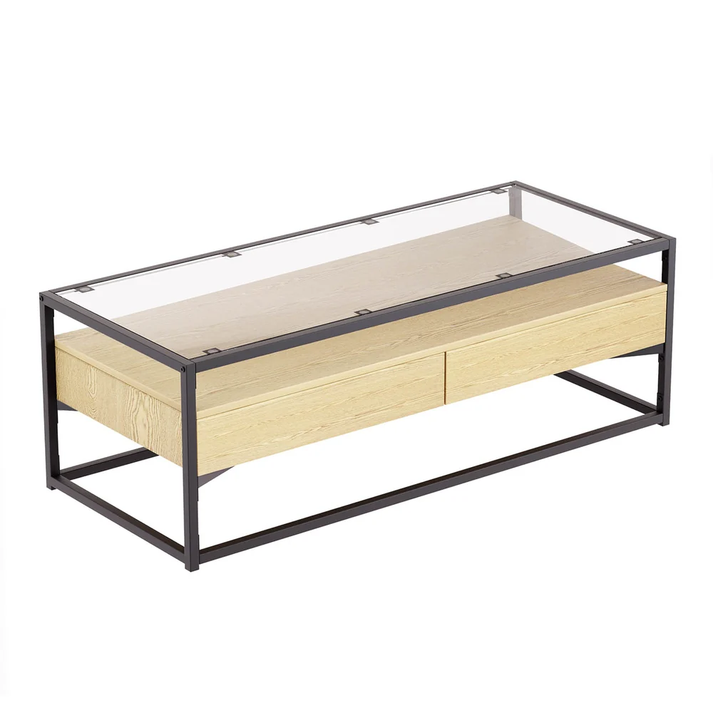 Artiss Coffee Table 2 Drawers Glass Tabletop Pine - Image 7