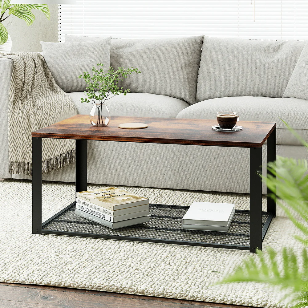Artiss Coffee Table 2-Tier Rustic Brown 104CM - Image 7