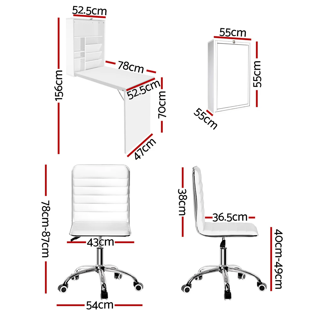 Artiss Computer Desk Office Chair Set PU Leather Wall Mount Foldable Table White - Image 2