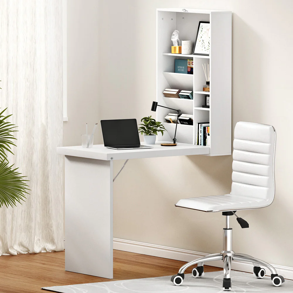 Artiss Computer Desk Office Chair Set PU Leather Wall Mount Foldable Table White - Image 7