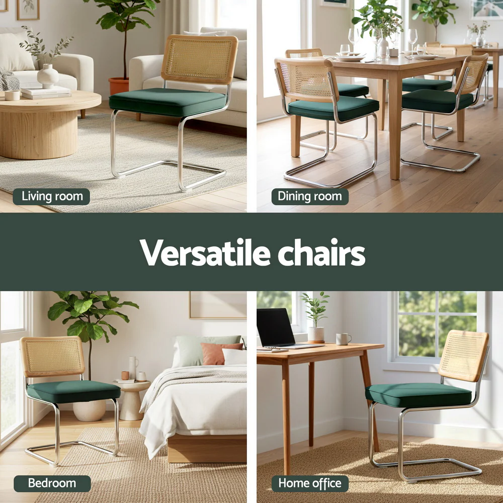 Artiss Dining Chairs Set of 2 Velvet Rattan Cantilever Green - Image 5