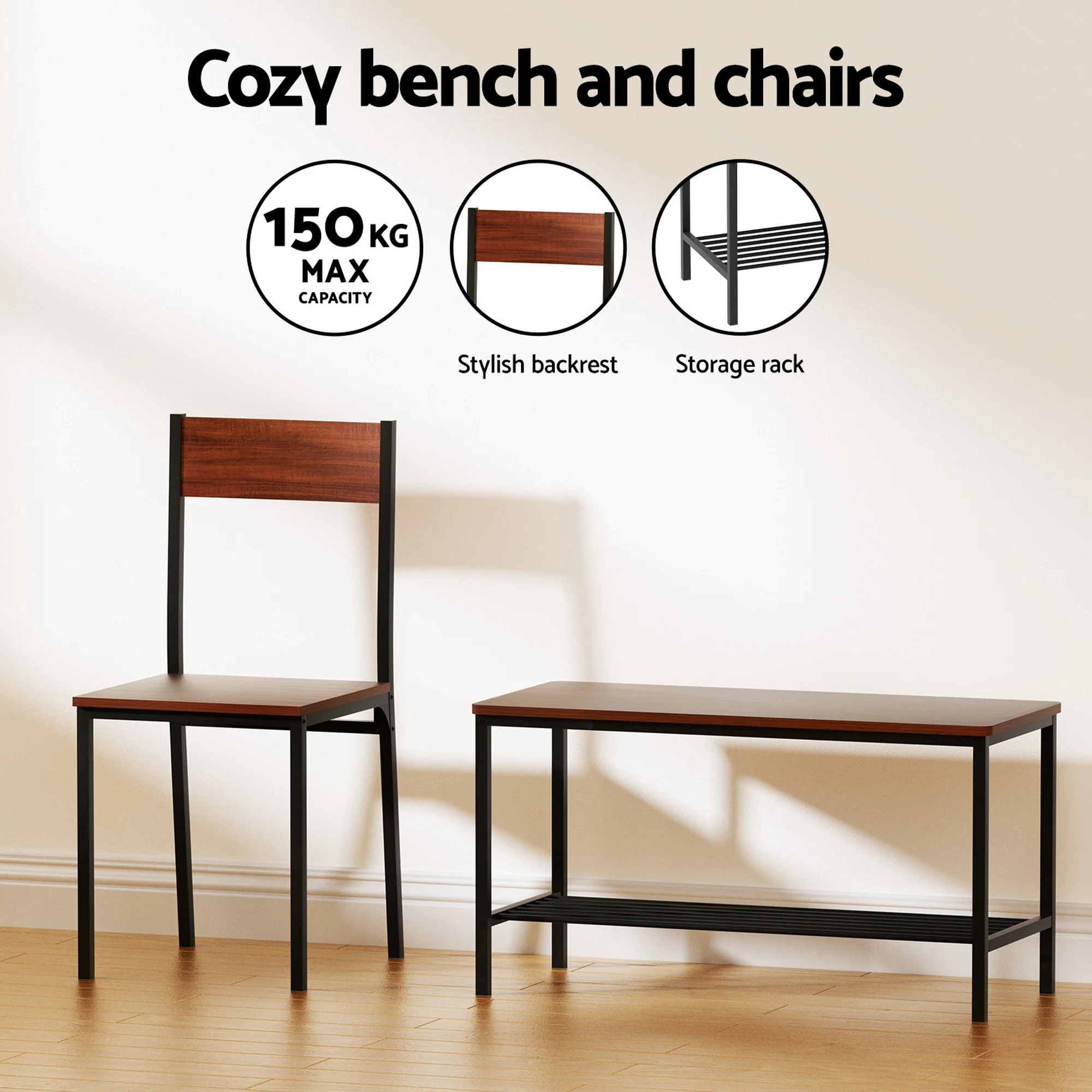 Artiss Dining Table and Chairs Set of 4 Storage Bench Kitchen Furniture Walnut - Image 7