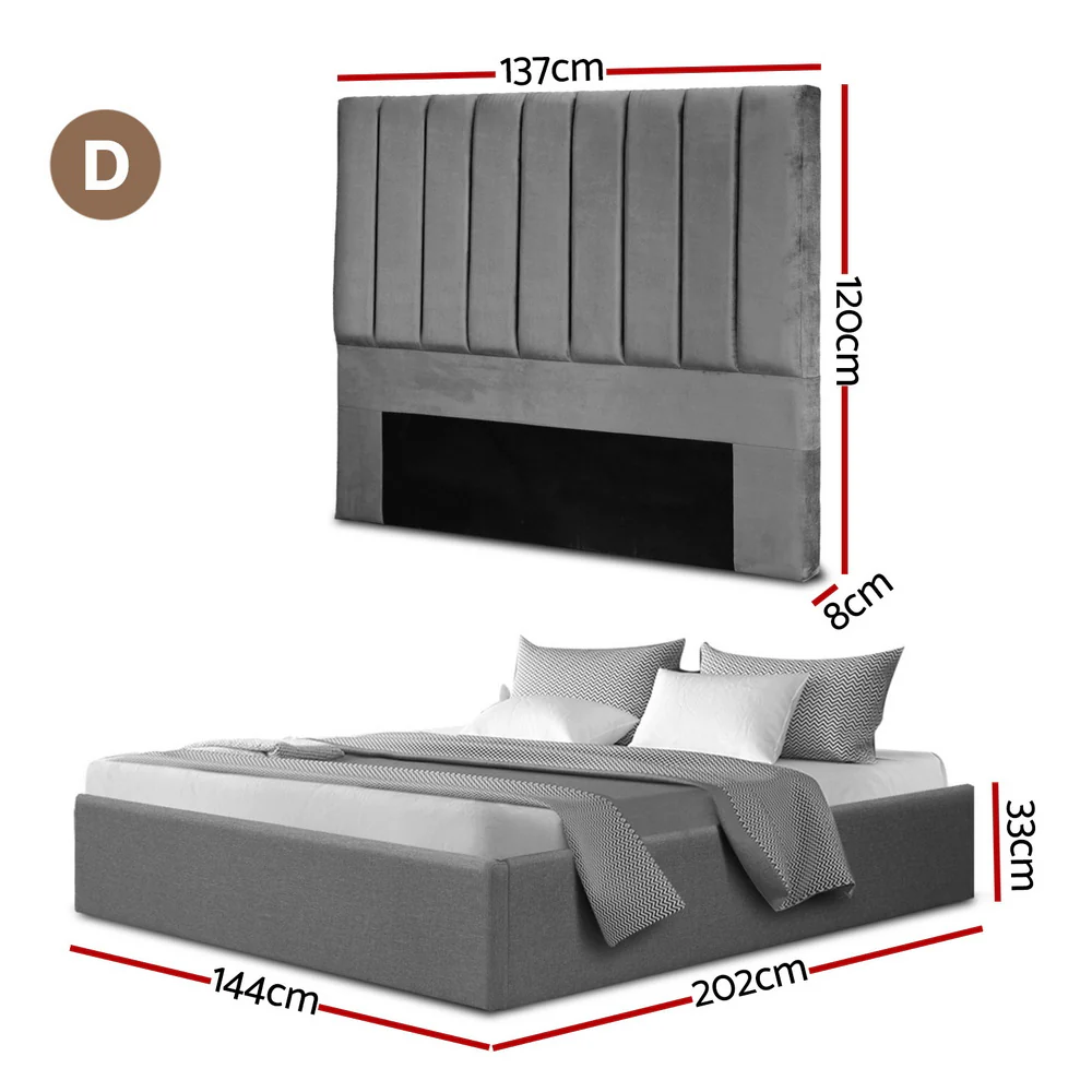 Artiss Double Bed Frame with Storage Grey Velvet Headboard Gas Lift Platform Base - Image 2