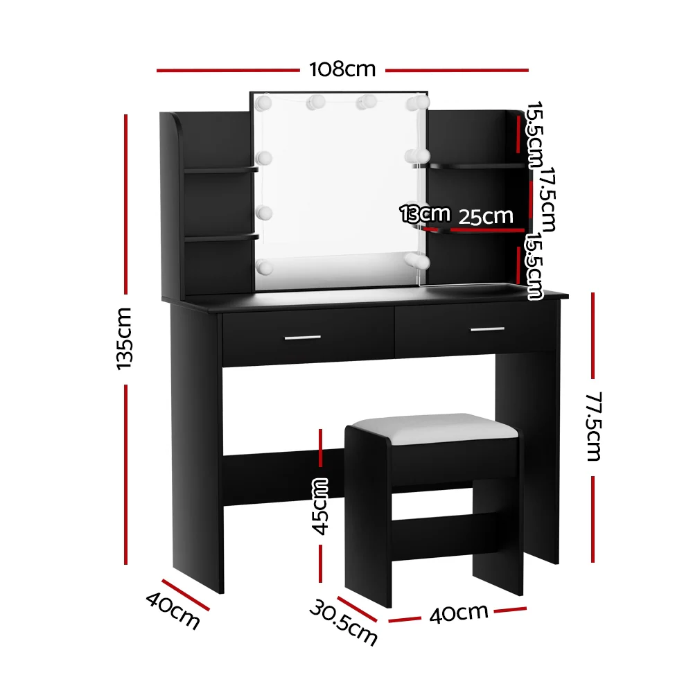 Artiss Dressing Table Set Stool 10 Led Bulbs Black Dulcea - Image 4