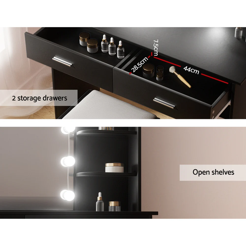 Artiss Dressing Table Set Stool 10 Led Bulbs Black Dulcea - Image 7