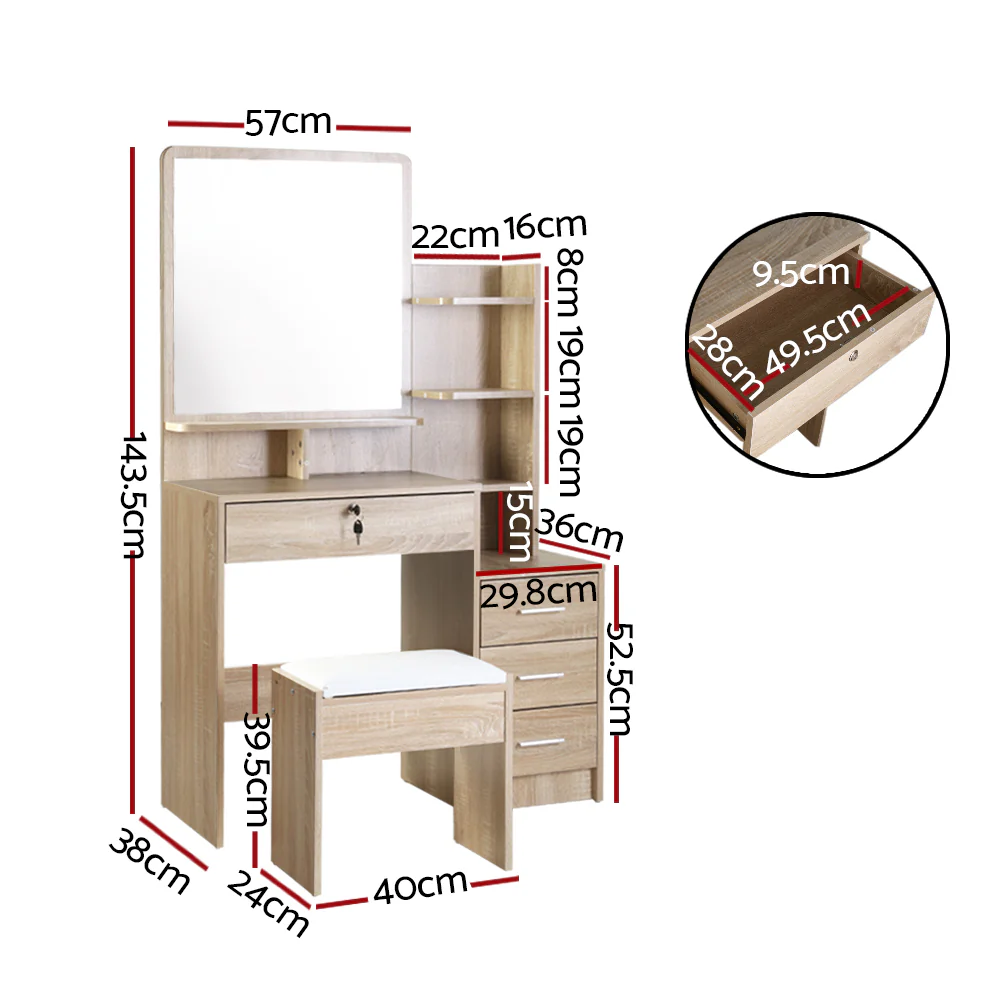 Artiss Dressing Table Stool Set 4 Drawers Oak - Image 4