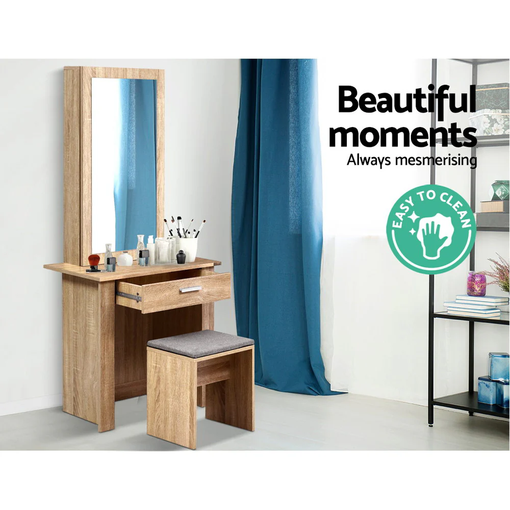 Artiss Dressing Table Stool Set Sliding Mirror Oak Demi - Image 8