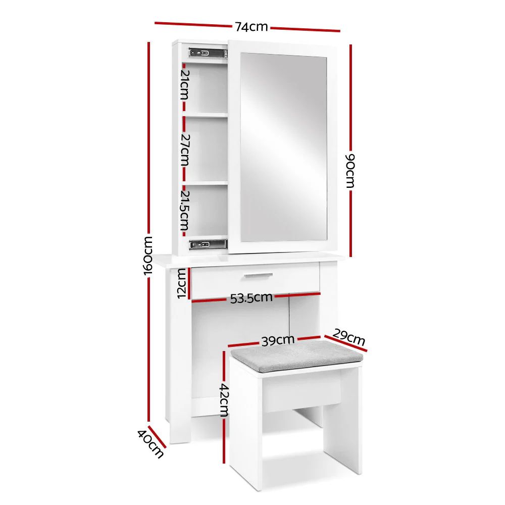 Artiss Dressing Table Stool Set Sliding Mirror White Demi - Image 4