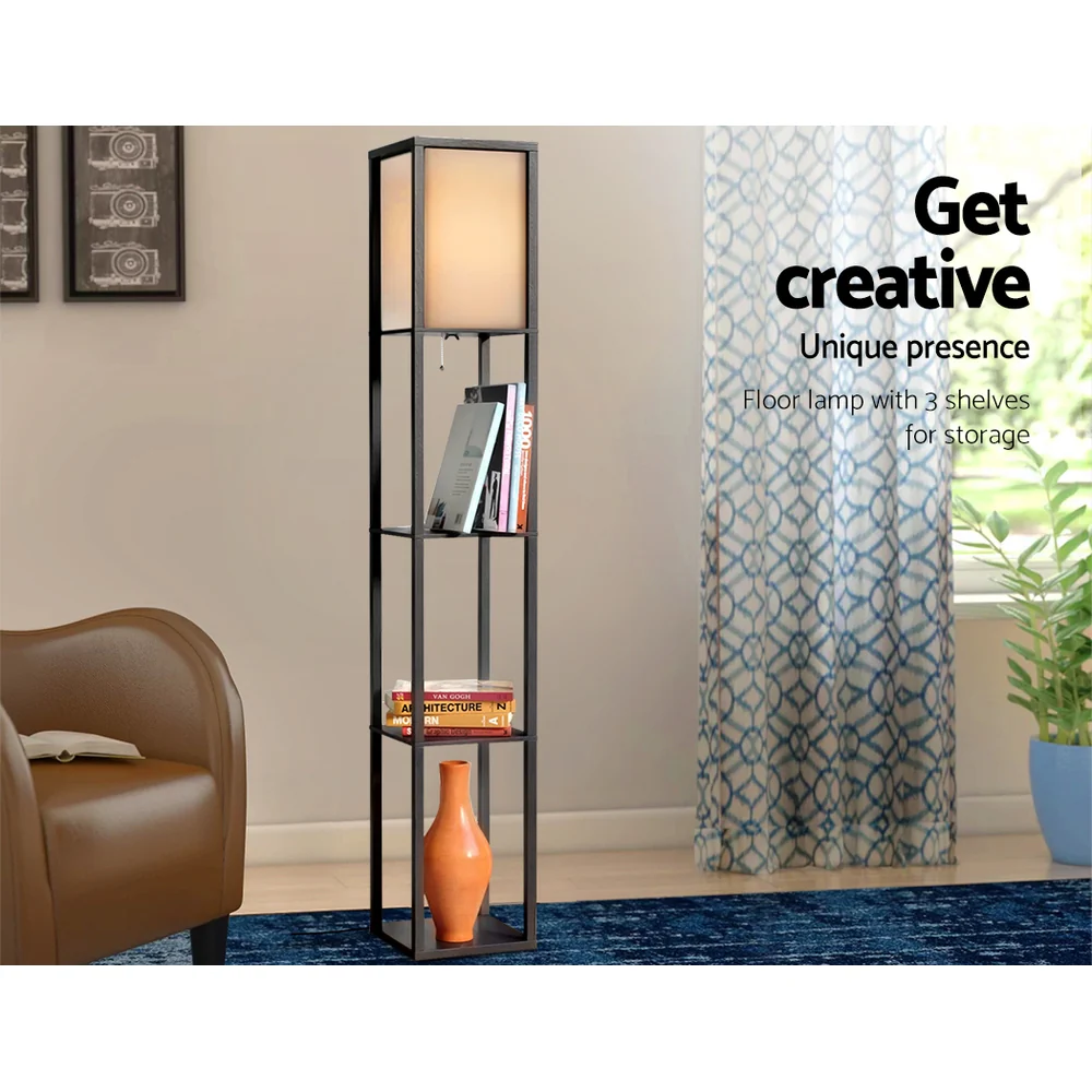Artiss Floor Lamp 3 Tier Shelf Shelf Storage LED Light Stand Home Room Vintage Black - Image 3