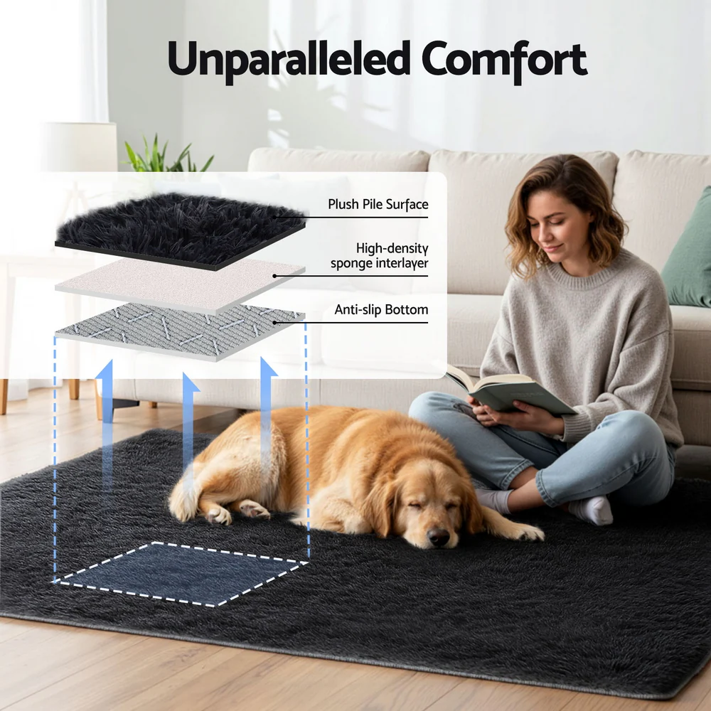 Artiss Floor Rug 140x200cm Plush Area Shaggy Rug Living Room Bedroom Carpet Black - Image 4