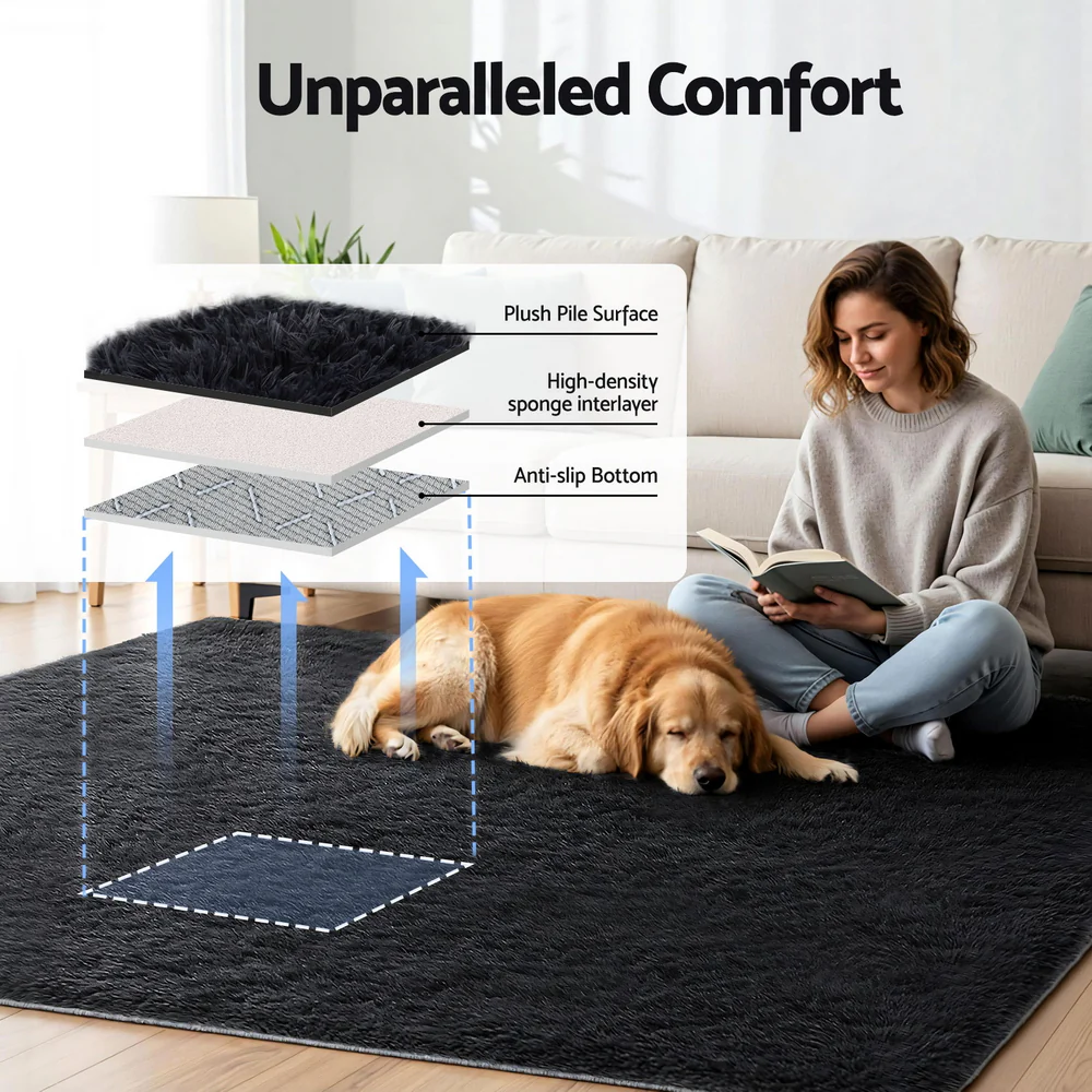 Artiss Floor Rug 200x230cm Plush Area Shaggy Rug Living Room Bedroom Carpet Black - Image 4