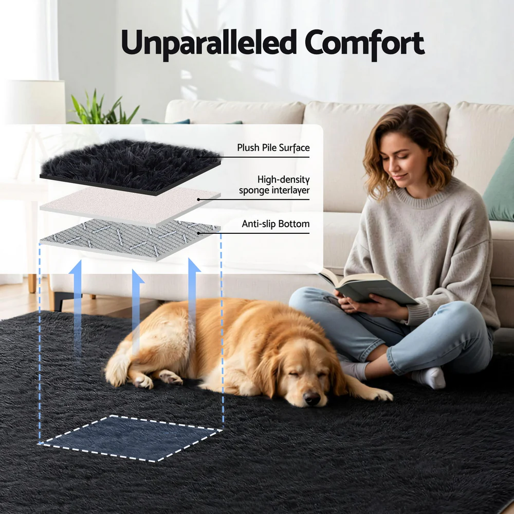 Artiss Floor Rug 200x290cm Plush Area Shaggy Rug Living Room Bedroom Carpet Black - Image 4