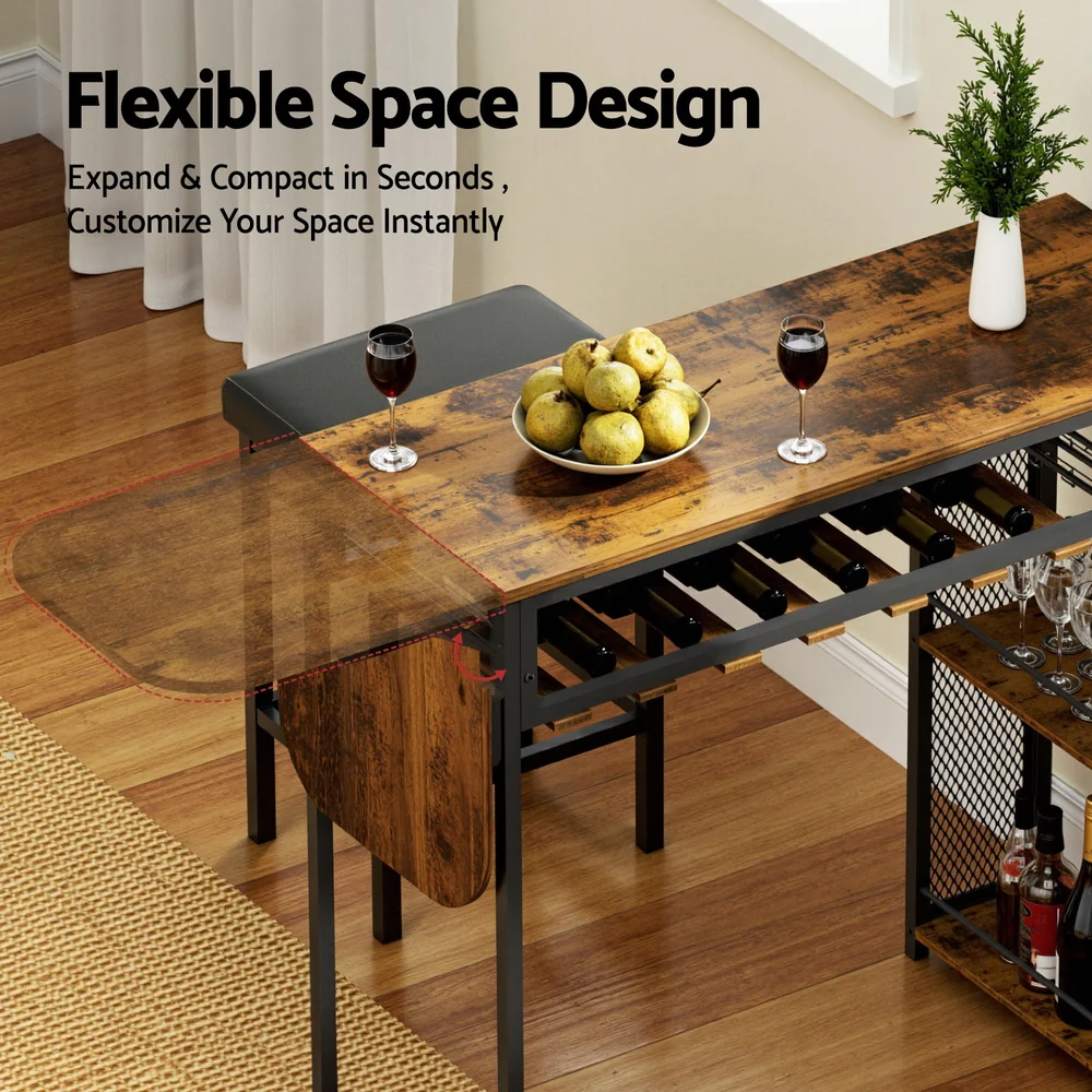 Artiss Industrial Bar Table with Wine Rack Built-in Cup Holder Extendable 140cm - Image 6