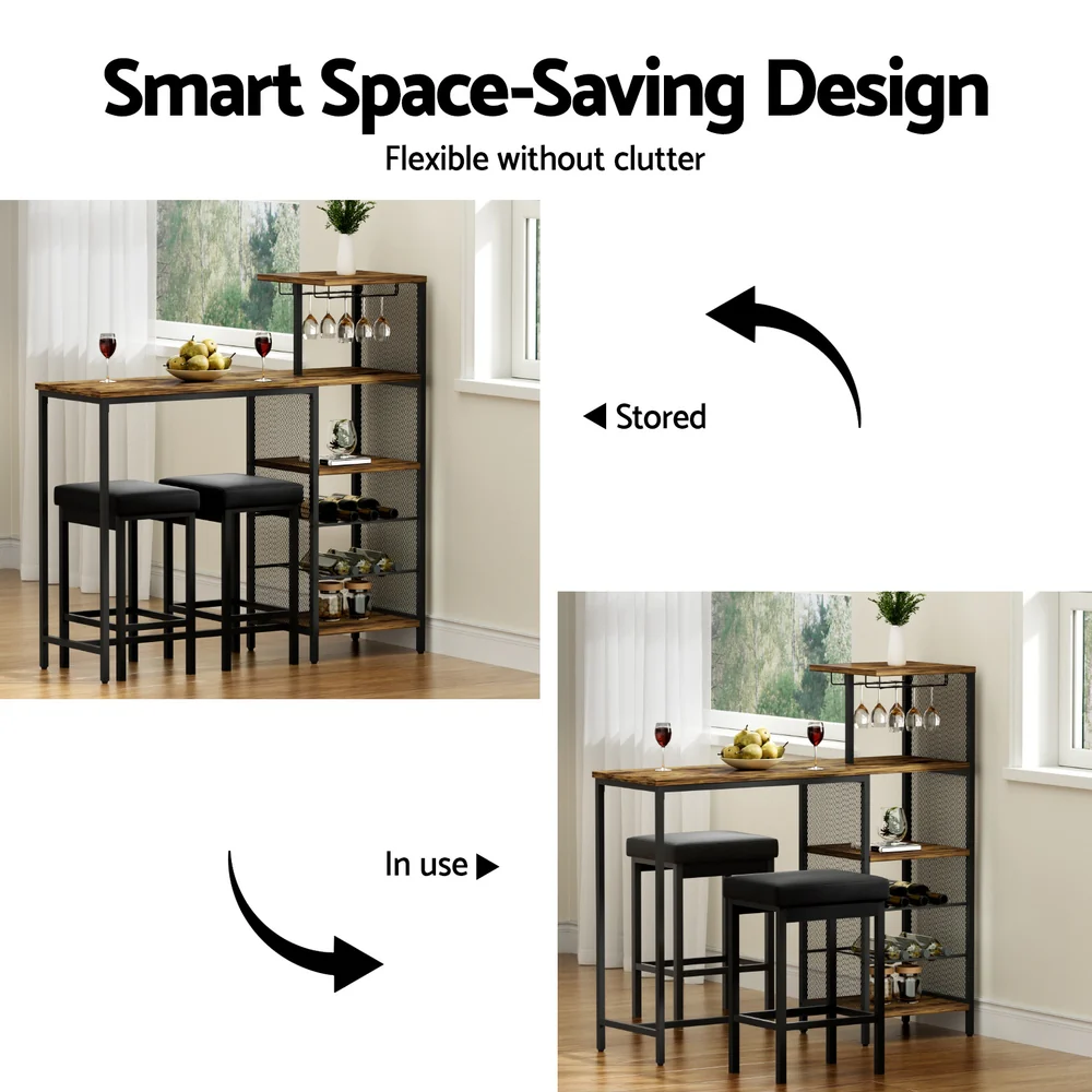 Artiss Industrial Bar Table with Wine Rack Cup Holder Multi-Level Storage 122cm Walnut - Image 7