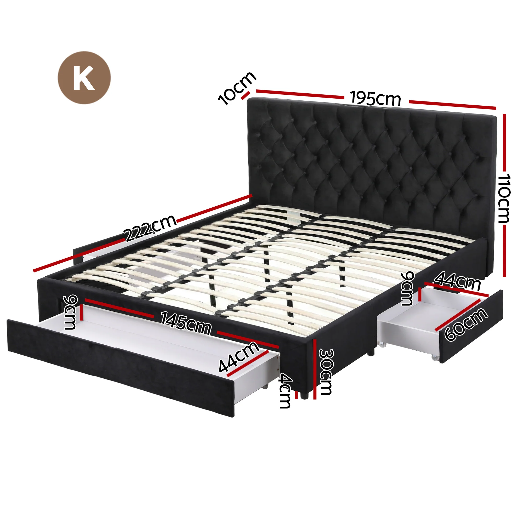Artiss King Bed Frame Storage Charging Station Upholstered 3 Drawers USB Type-C - Image 2