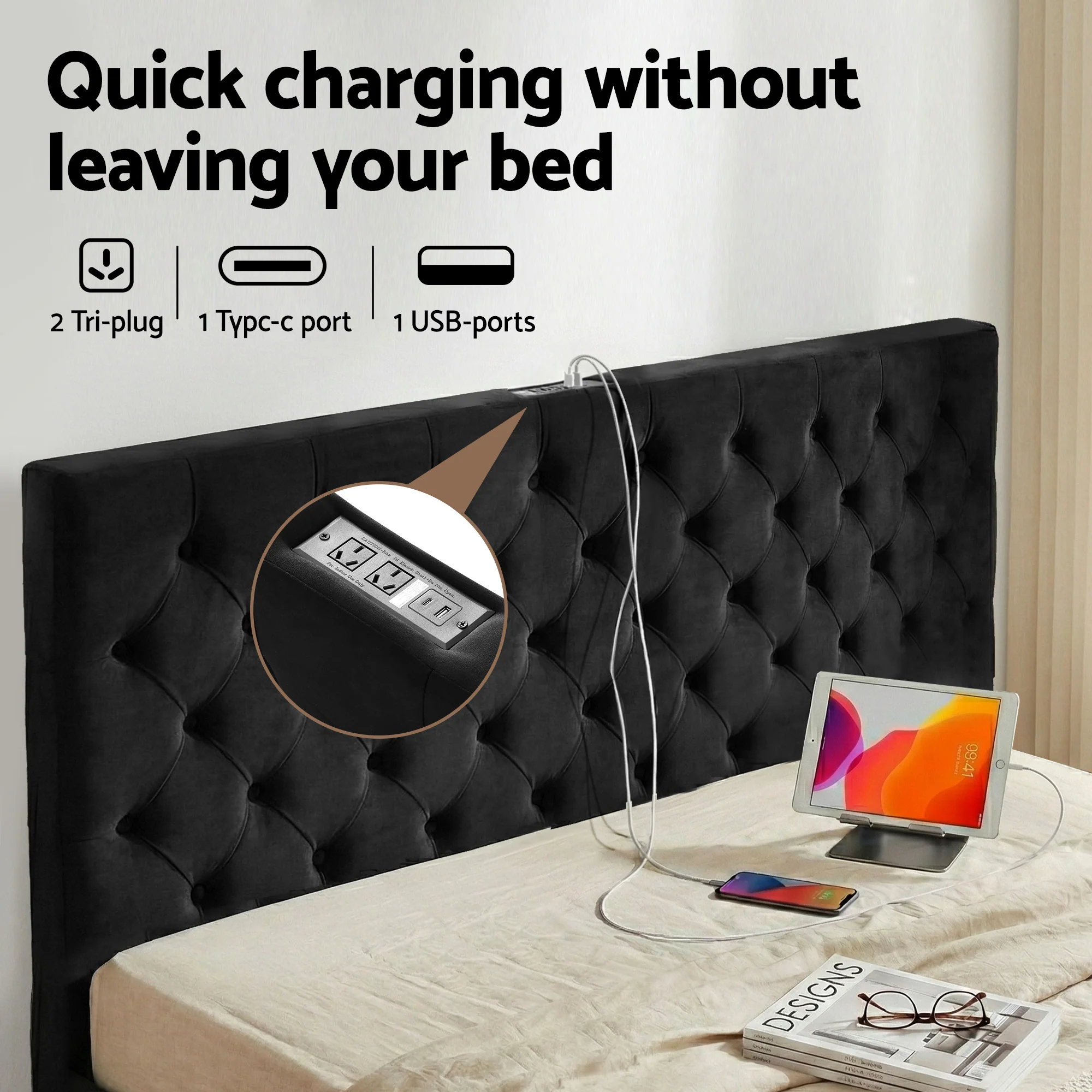 Artiss King Bed Frame Storage Charging Station Upholstered 3 Drawers USB Type-C - Image 4