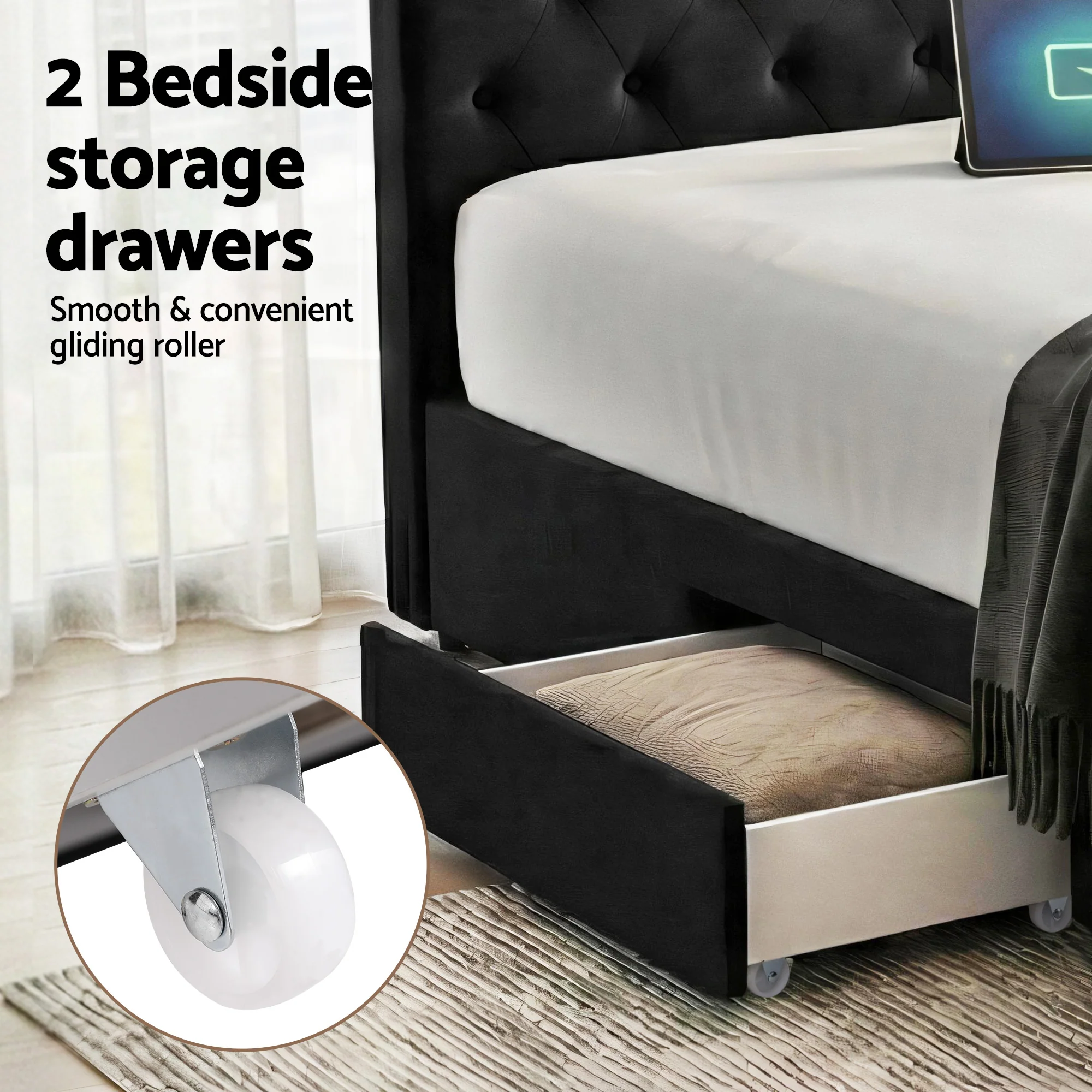 Artiss King Bed Frame Storage Charging Station Upholstered 3 Drawers USB Type-C - Image 5