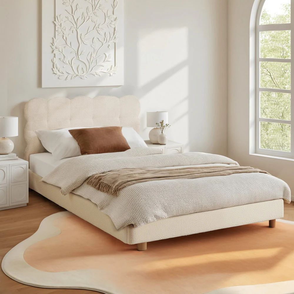 Artiss King Single Bed Frame Cloud Headboard Boucle Fabric Mattress Platform Base White - Image 7
